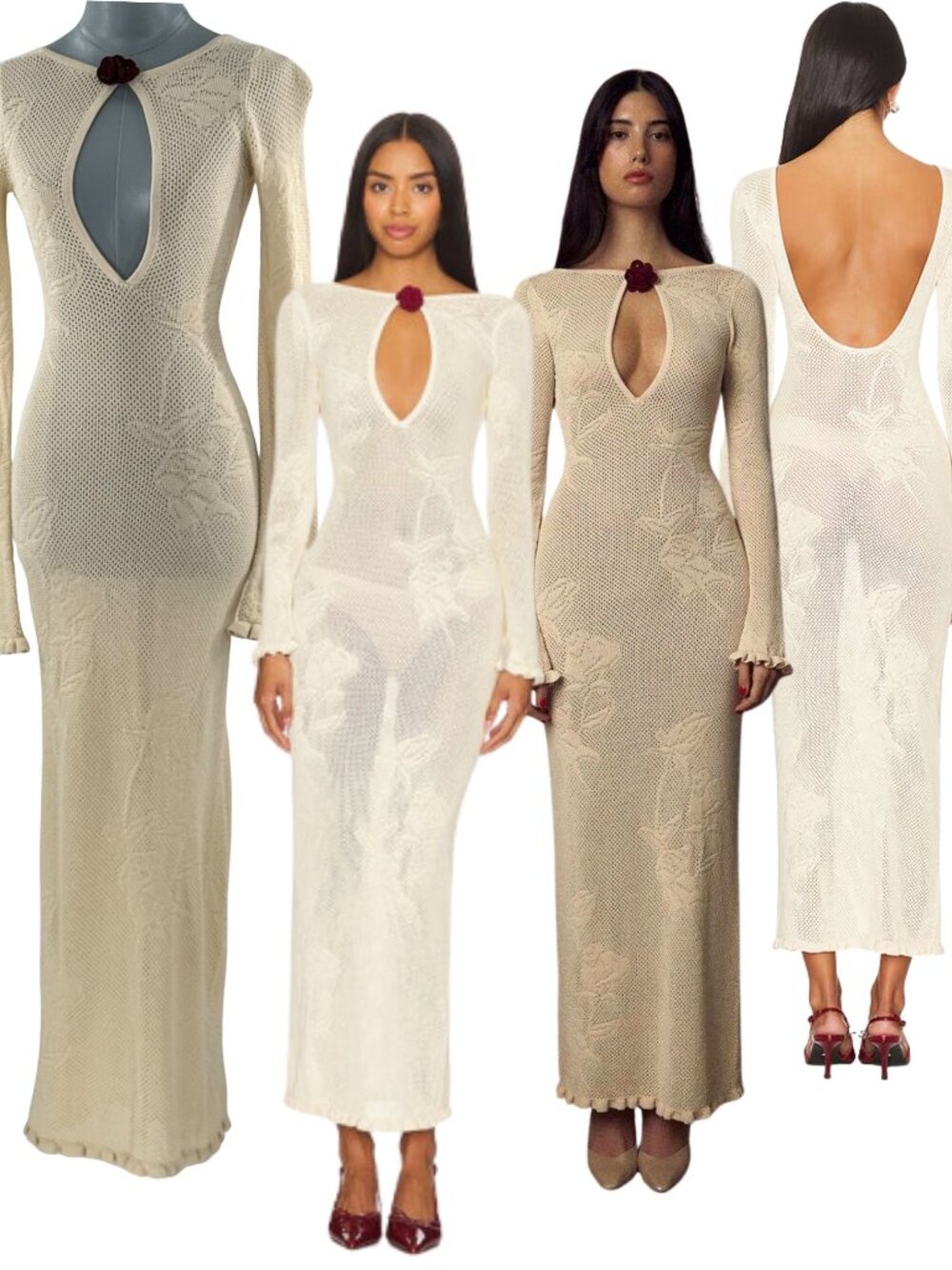 🆕 MIRROR PALAIS 🧿 NWOT Rose Pointelle Crochet Knit Dress, Soft Beige - Sz M
